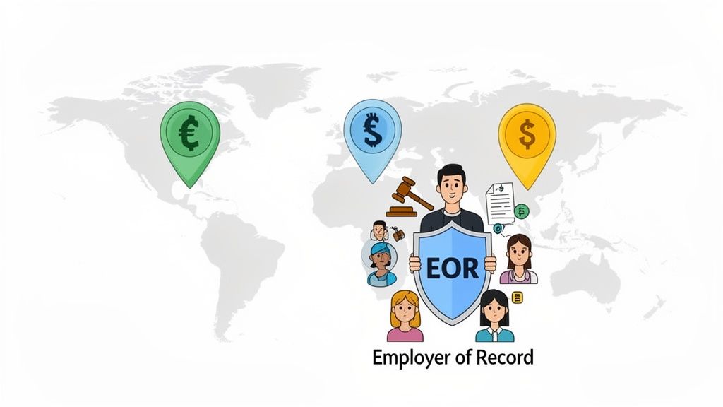 An Employer of Record (EOR) company shielding diverse employees across a world map with currency markers.