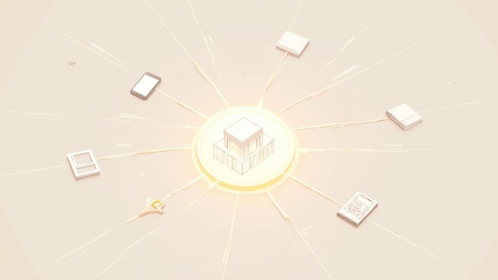 A central glowing building icon connected to various digital devices by rays, representing a fintech ecosystem.