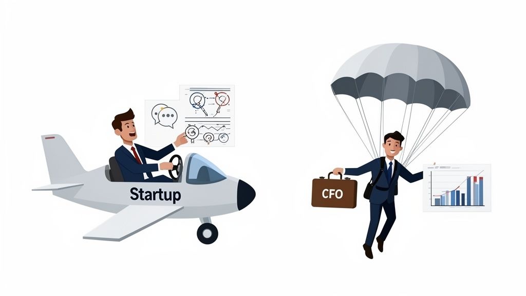 A startup founder in a plane, while a CFO parachutes in with financial data and a briefcase.