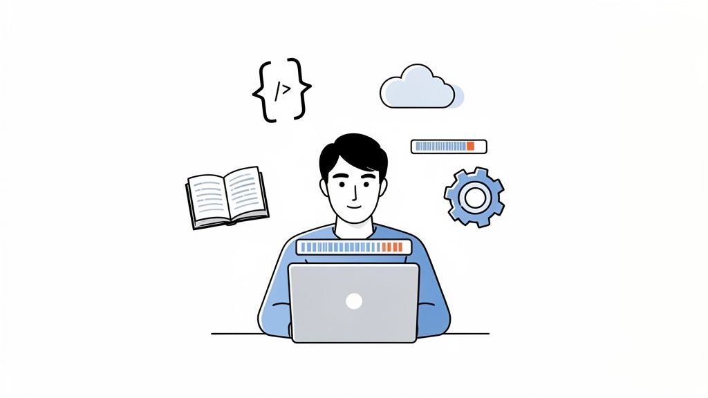 An illustration of a software developer coding on a laptop with cloud, book, and code icons, representing the development process.