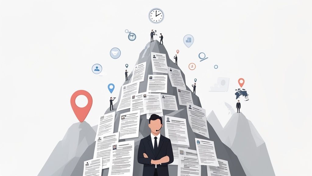 A stylized image of a large mountain of resumes, representing the challenge of recruitment.