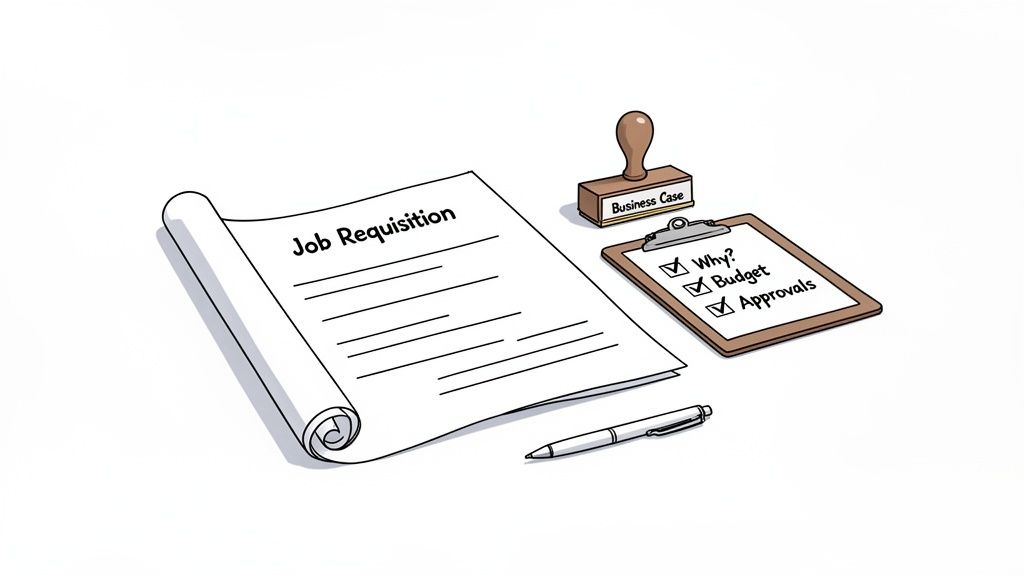 An illustration showing a job requisition document, a business case stamp, a checklist for job approvals, and a pen.