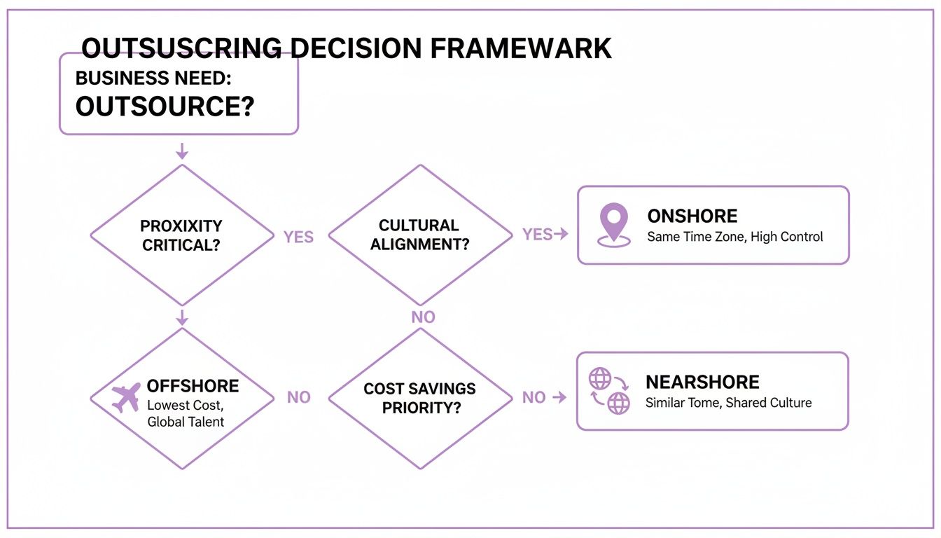 Flowchart outlining an outsourcing decision framework, guiding choices between onshore, offshore, and nearshore based on proximity, culture, and cost.
