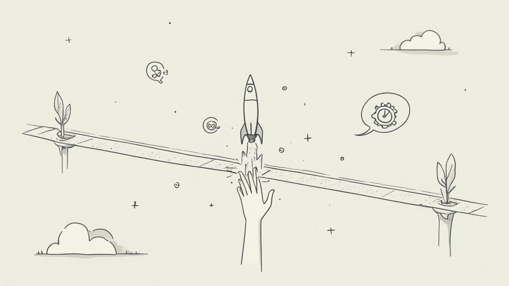 Diagram showing a streamlined workflow from idea to deployment, with icons for code review, CI/CD, and collaboration.
