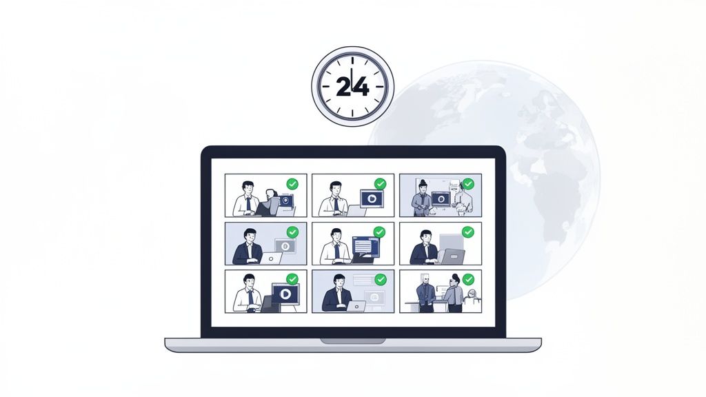 A laptop displays nine screens of people working online, with a 24-hour clock above, indicating global remote work.