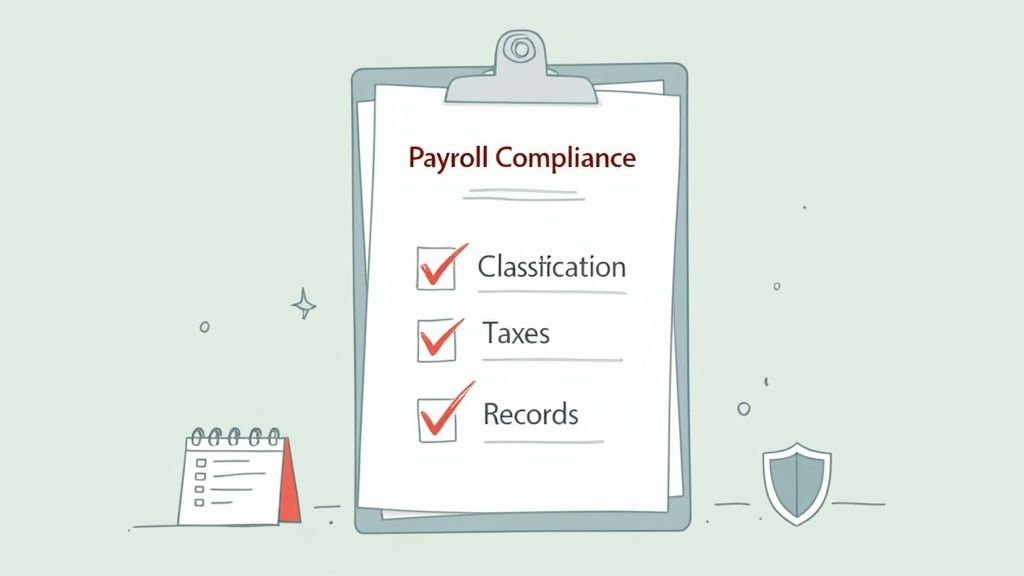 A checklist titled 'Payroll Compliance' with Classification, Taxes, and Records marked as complete.