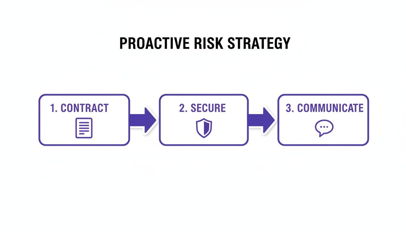 A diagram outlining a proactive risk strategy with three sequential steps: Contract, Secure, and Communicate.