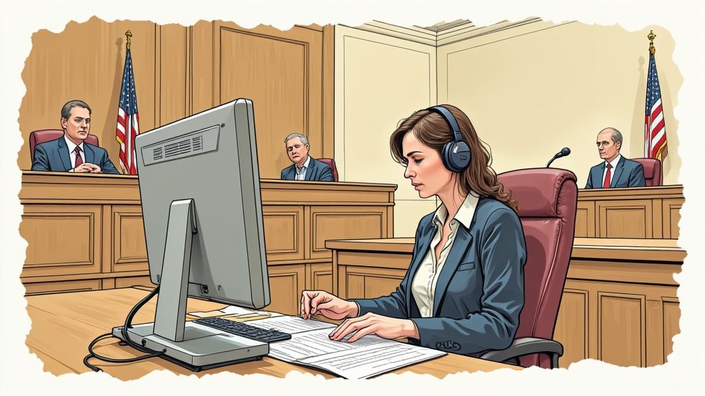 A court reporter using a stenotype machine during a legal proceeding.