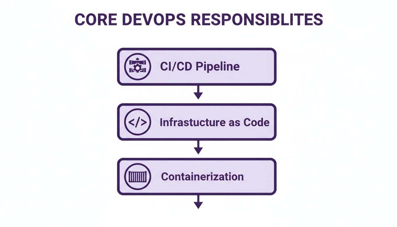 A flowchart illustrates core DevOps responsibilities: CI/CD Pipeline, Infrastructure as Code, and Containerization.