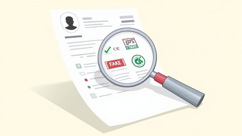 A magnifying glass on a document, revealing genuine and fake certification stamps.