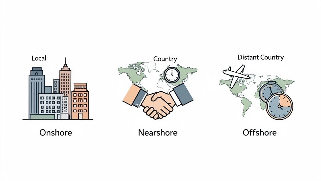 Visual explanation of Onshore, Nearshore, and Offshore outsourcing with corresponding geographical indicators.