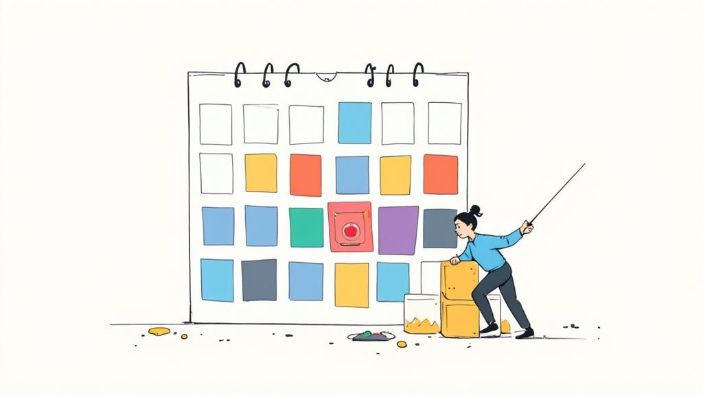 A calendar full of meetings, symbolizing a team overwhelmed with too many meetings.