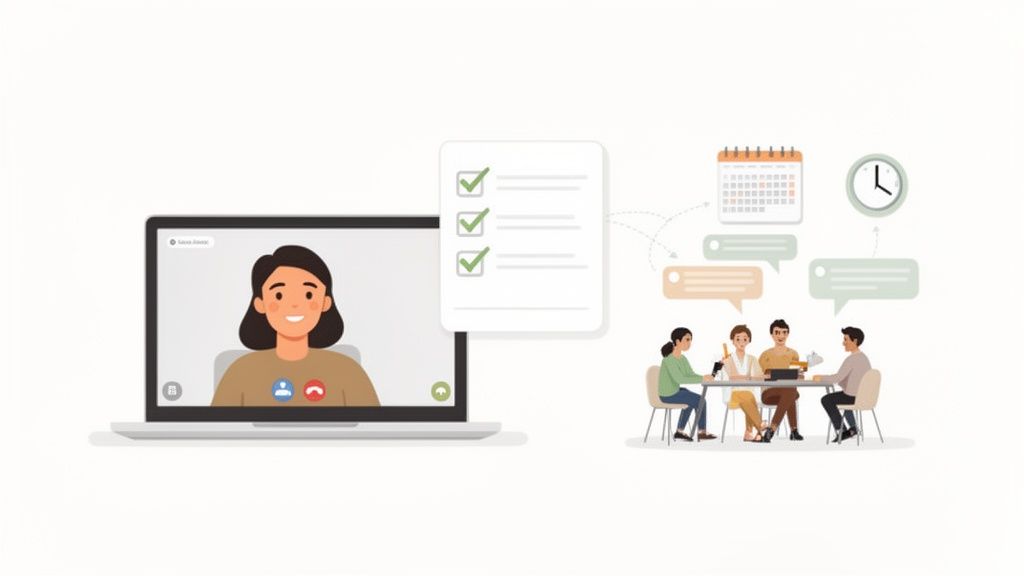 Hybrid work concept with a person on a video call, a checklist, and a team collaborating in a meeting.