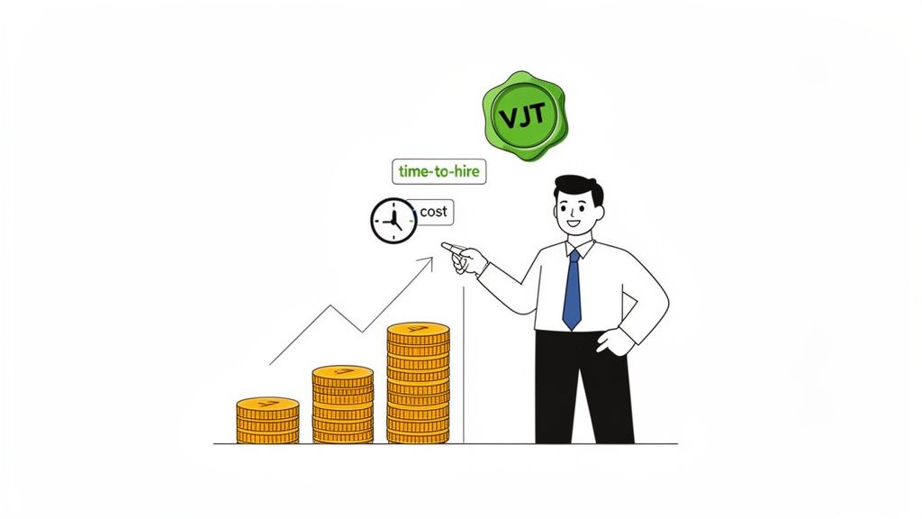 A businessman points at a rising graph of coin stacks, representing increasing time-to-hire and cost, with a VJT logo.