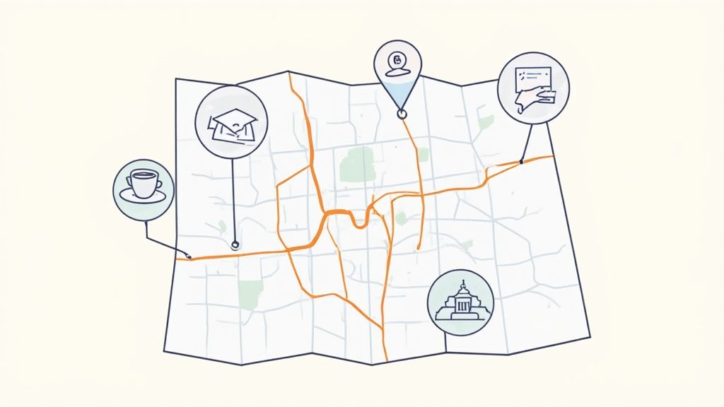 Illustrated map showing various legal assistant job locations and amenities across Austin city