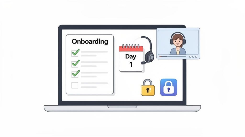 A laptop screen displays an 'Onboarding' checklist, 'Day 1' calendar, video call, and security locks, symbolizing online training.