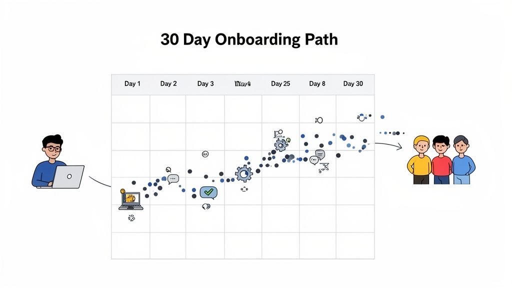 Illustration depicting a 30-day onboarding path from a new hire's laptop to a team.