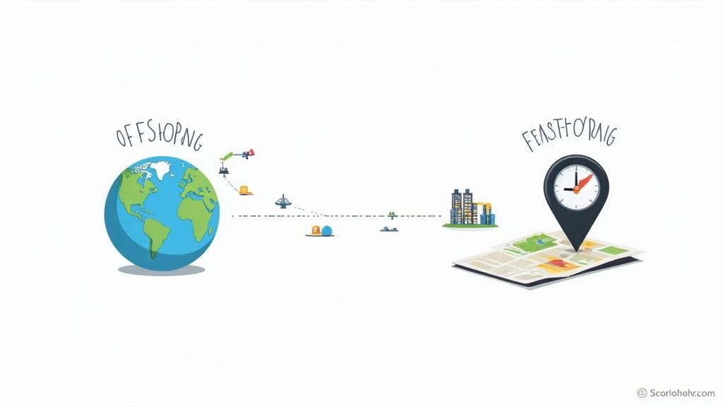 Illustration comparing global offshoring with long-distance transport to local nearshoring with a map and clock.