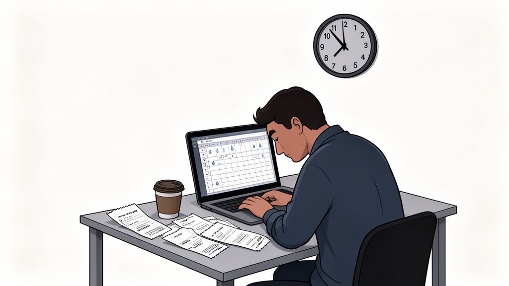 A tired man works on a laptop with receipts, managing expenses late at night.