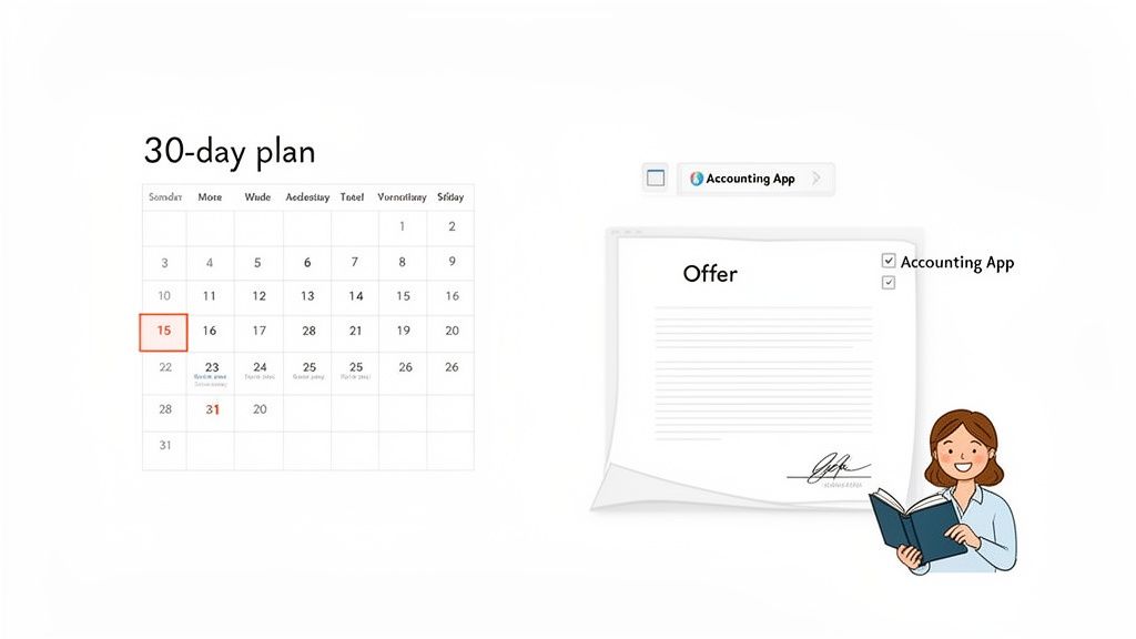 A 30-day plan calendar, an offer document, and a woman reading about accounting.