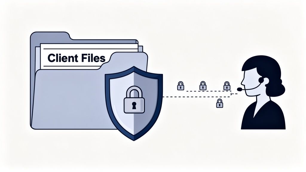 An illustration depicting secure client files protected by a shield, linked to a virtual assistant.