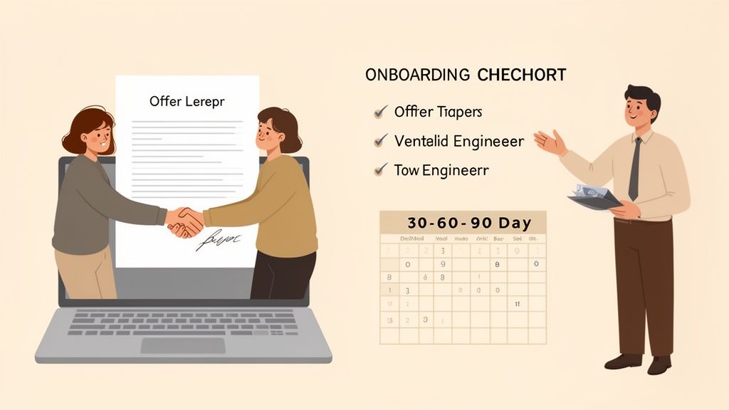 Illustration of a hiring and onboarding process with an offer letter, checklist, and 30-60-90 day plan.