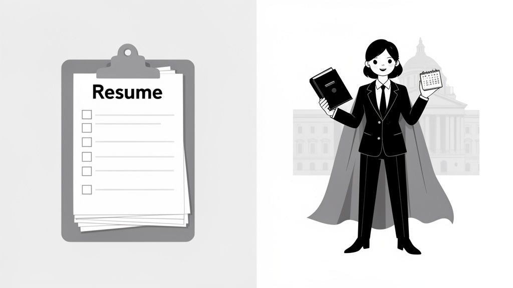 A clipboard with a resume checklist next to a superhero-like legal professional holding a book and calendar.