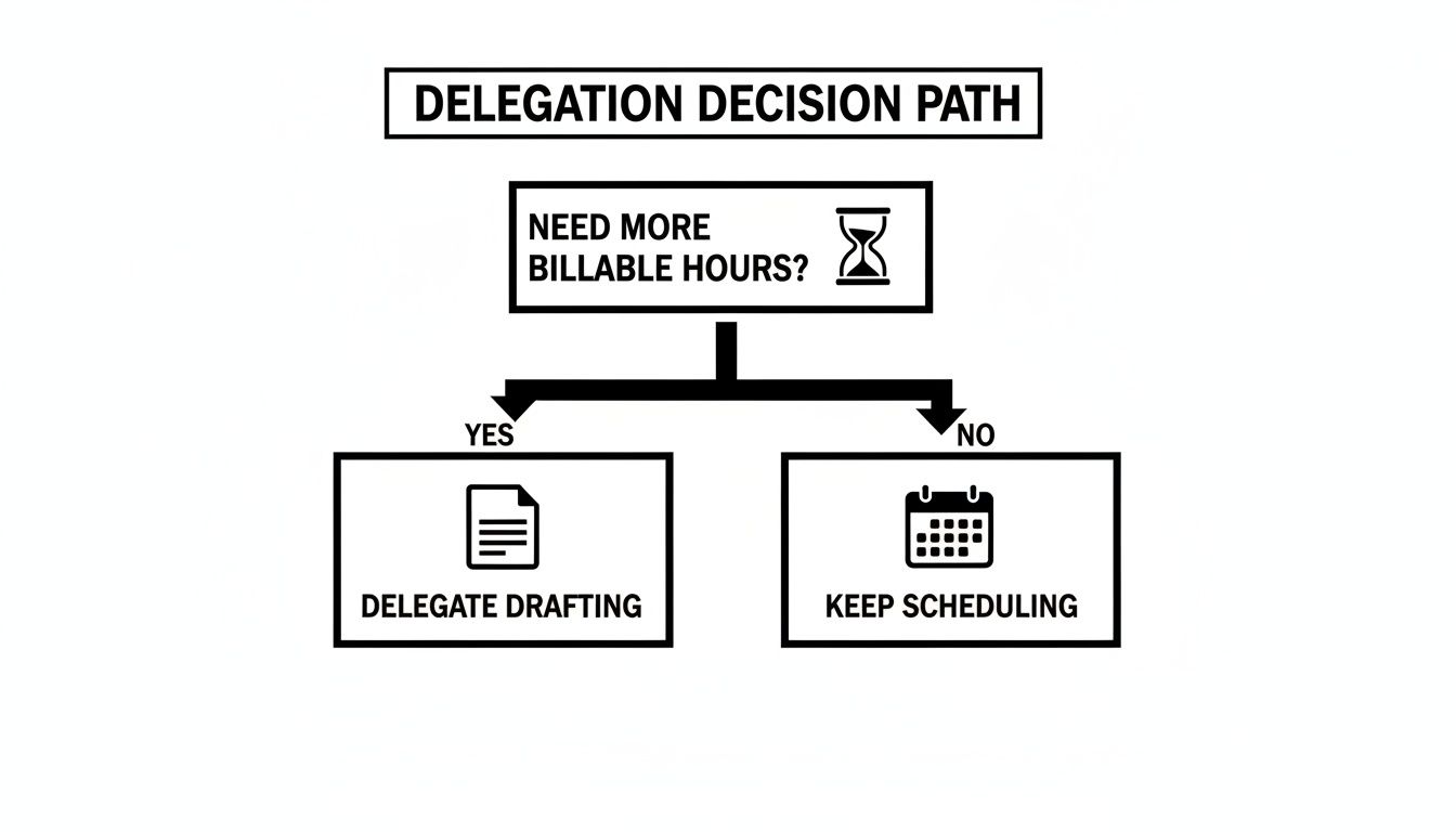 Flowchart illustrating a delegation decision path based on needing more billable hours.