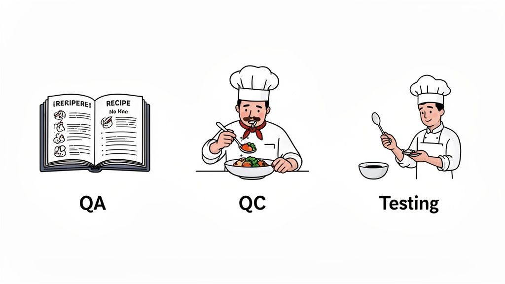 Illustration comparing QA, QC, and Testing in software development using a cooking analogy.