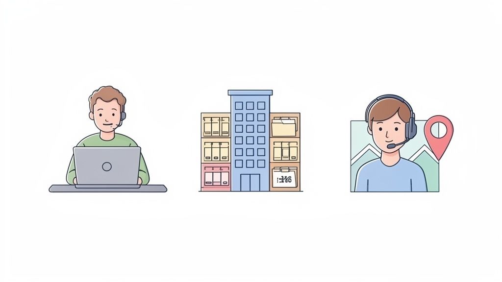 Illustrations of a person using a laptop, an office building, and a support agent with a map pin.