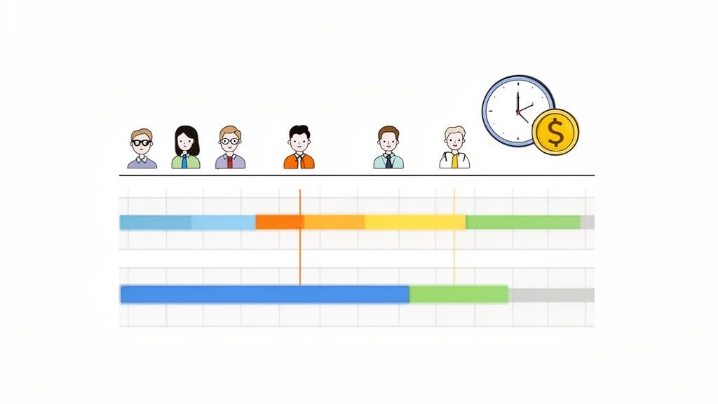 Six cartoon people overseeing two colorful project timelines with a clock and dollar coin.