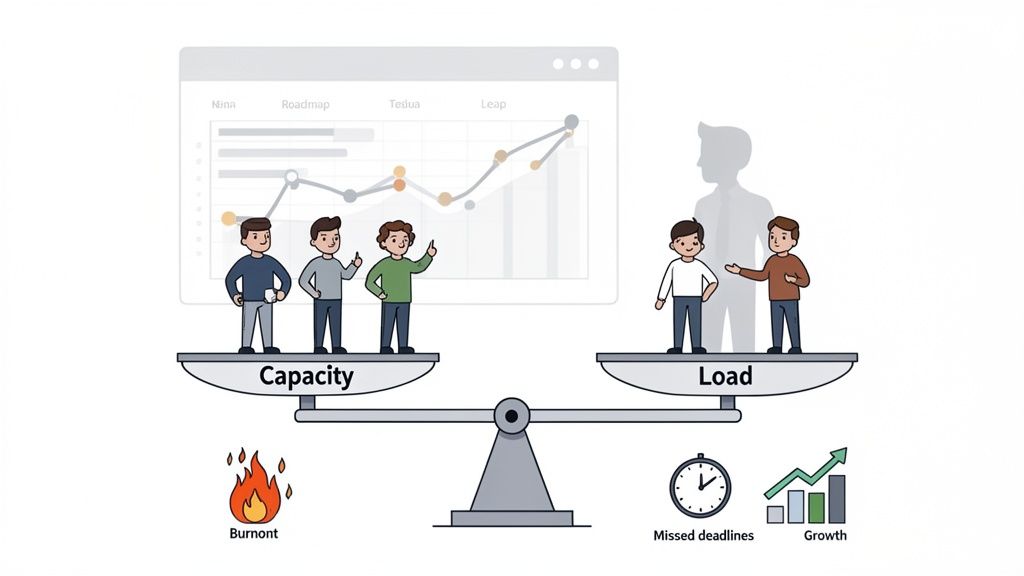 Illustration of a balance scale showing team capacity versus project load, with burnout, missed deadlines, and growth indicators.