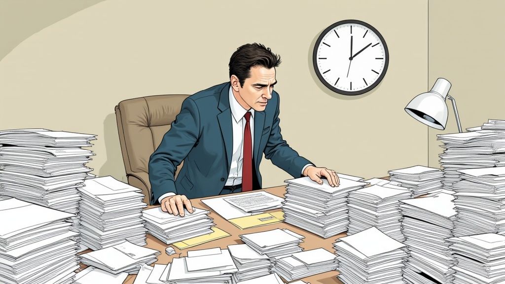 A lawyer looking stressed while reviewing stacks of paperwork in an office.