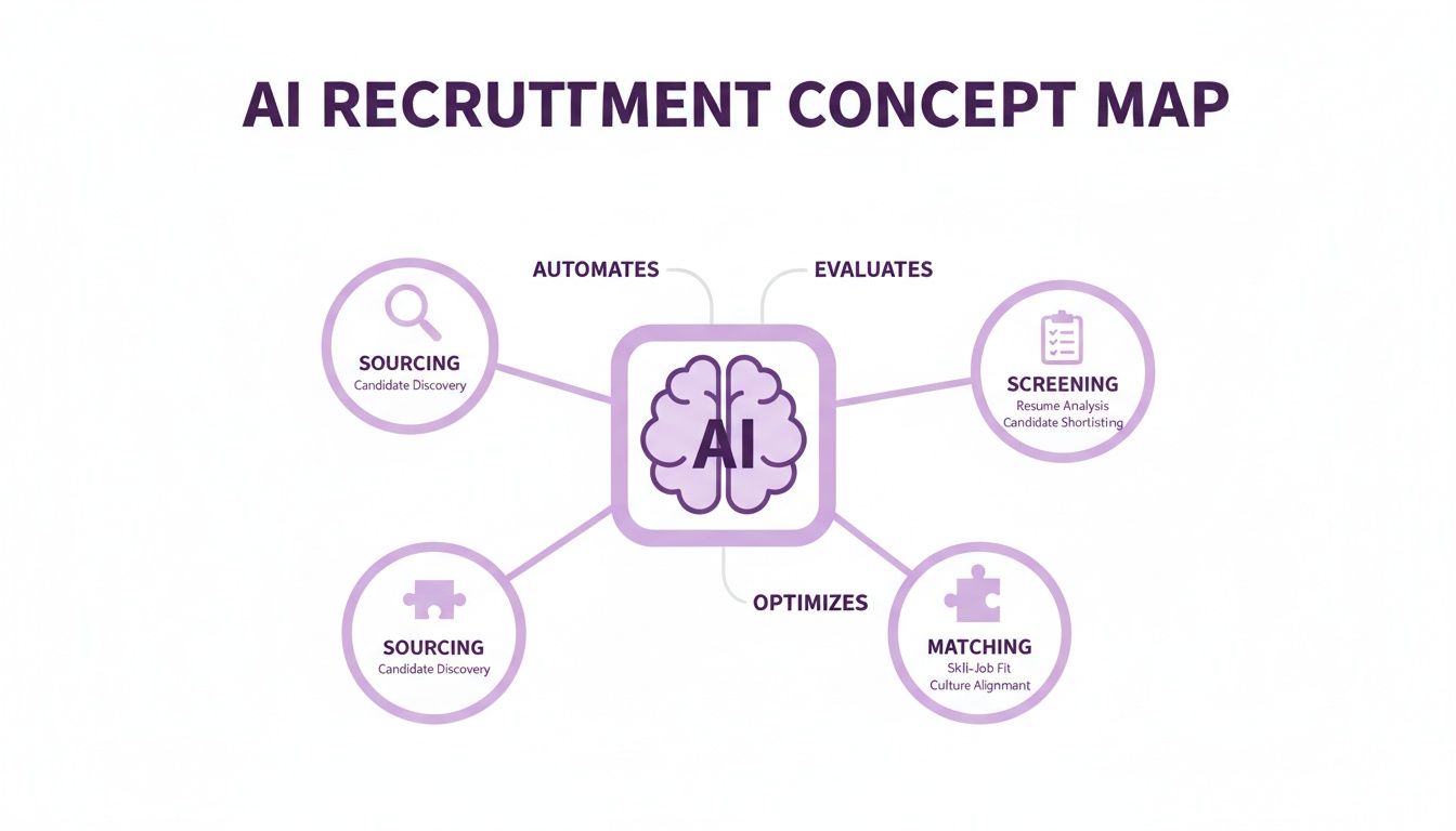 AI recruitment concept map showing AI automates sourcing, evaluates screening, and optimizes matching.