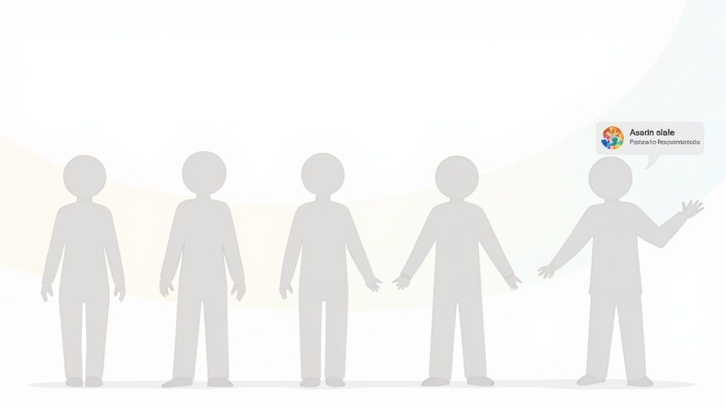 Five gray, minimalist human figures standing, with one figure gesturing and having a speech bubble.