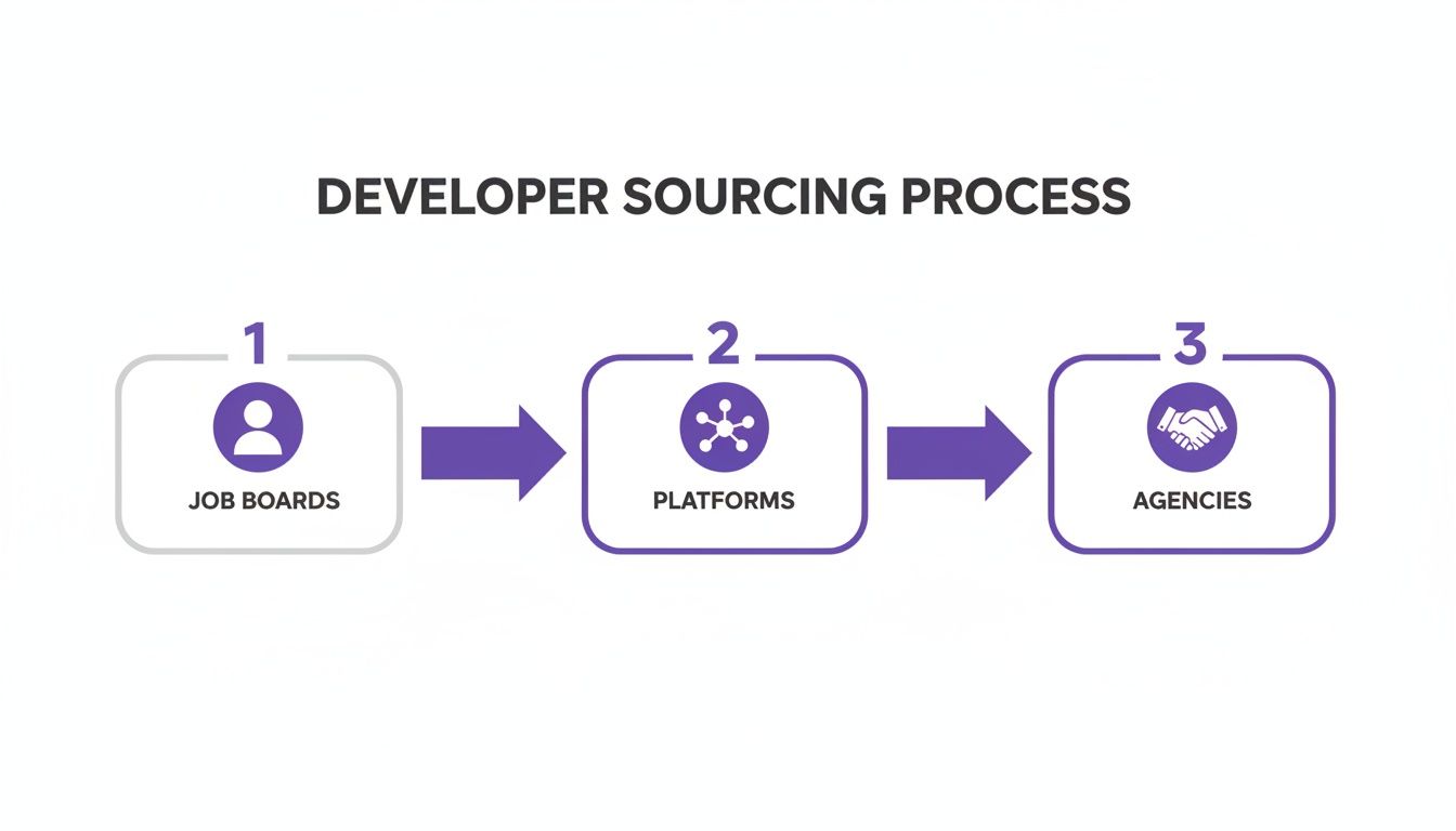 Diagram illustrating the three steps of the developer sourcing process: Job Boards, Platforms, and Agencies.