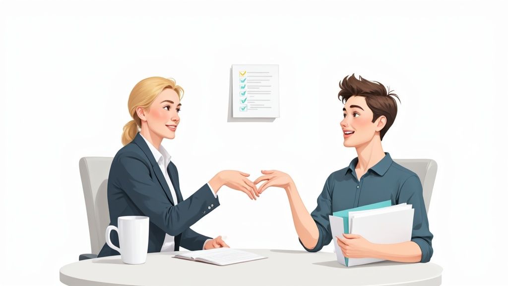 Two professionals, a woman in a suit and a man, engaged in a discussion or interview at a table.