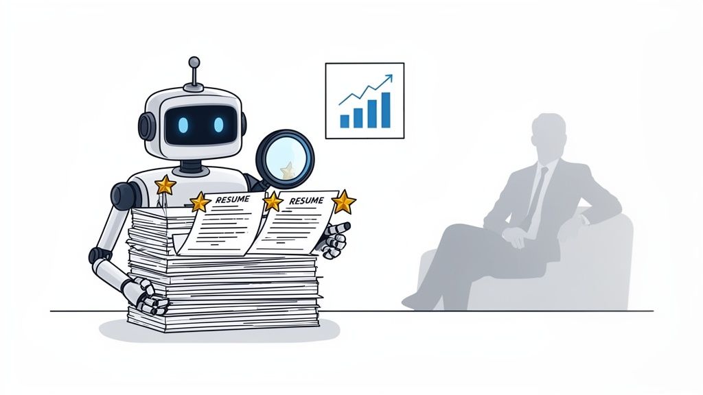 An AI robot reviews a stack of resumes with a magnifying glass, selecting top candidates for recruitment.