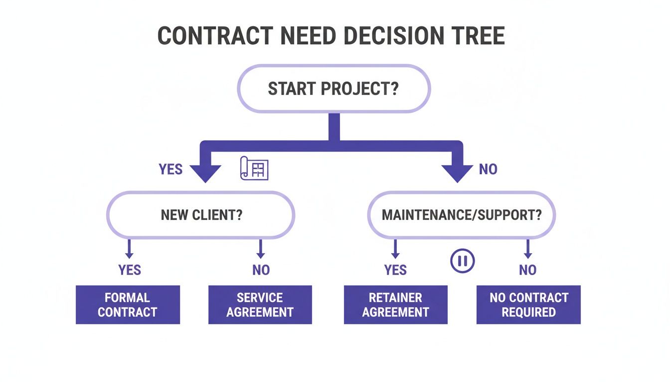 A decision tree flowchart illustrating the process to determine the type of contract needed for a project.
