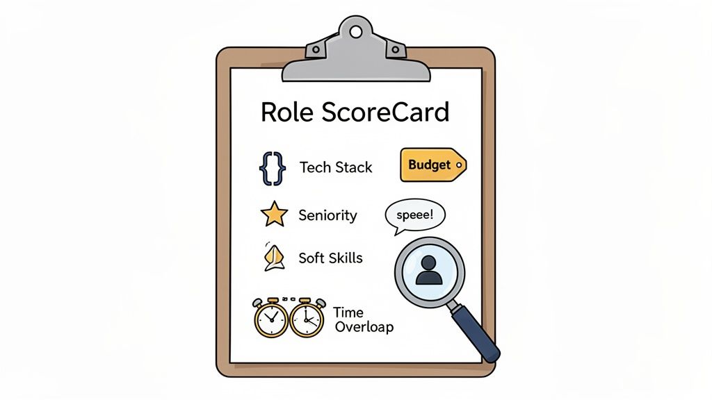 A clipboard showing a 'Role ScoreCard' with criteria for hiring, including tech stack, budget, seniority, soft skills, and time overlap.