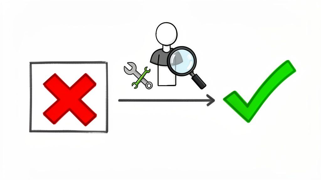 A red cross changing to a green checkmark, symbolizing problem-solving and successful repair.