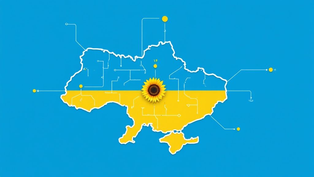 Ukraine map with sunflower symbol and technology network connections representing software development outsourcing