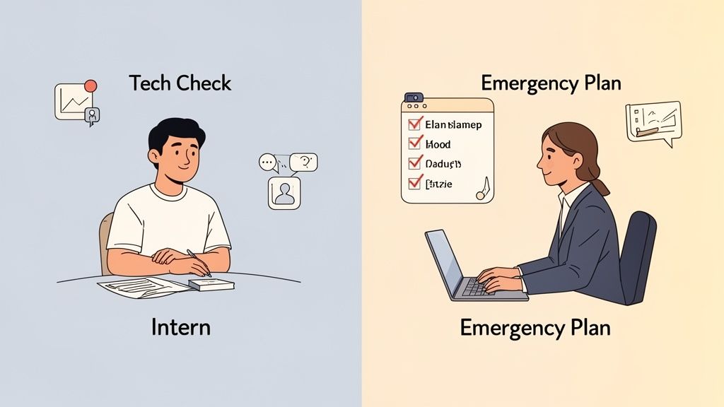 Illustration depicting an intern performing a tech check and a professional drafting an emergency plan.