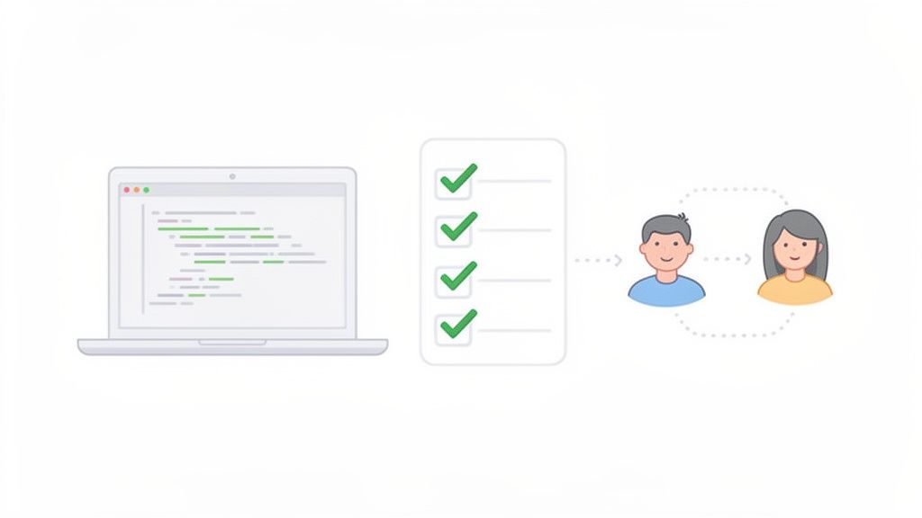 An illustration showing code on a laptop, a completed checklist, and two people collaborating.