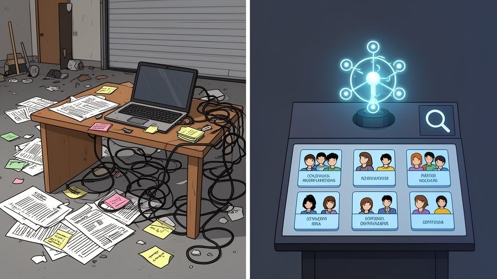 A cluttered workspace with a laptop and papers on the left, and a digital data interface on the right.