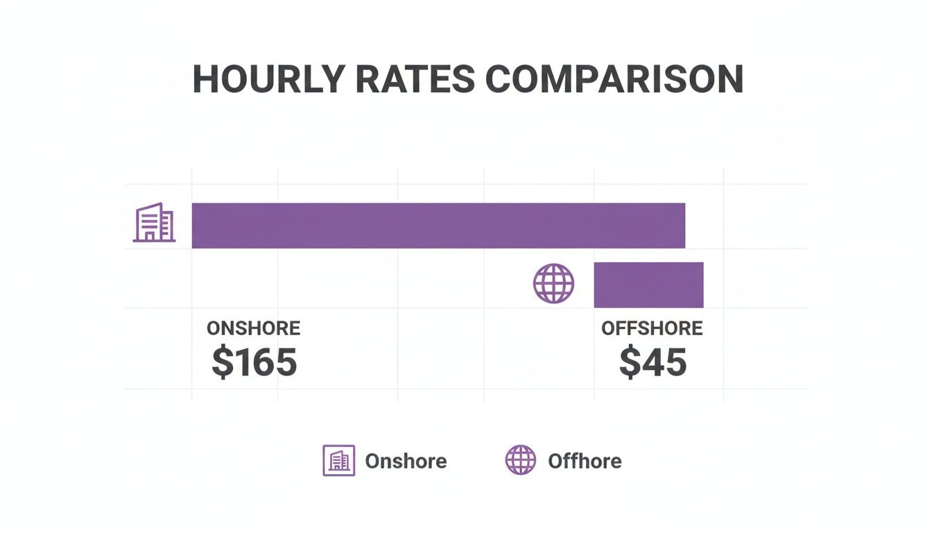 Bar chart comparing hourly rates: Onshore at $165 and Offshore at $45, highlighting cost differences.