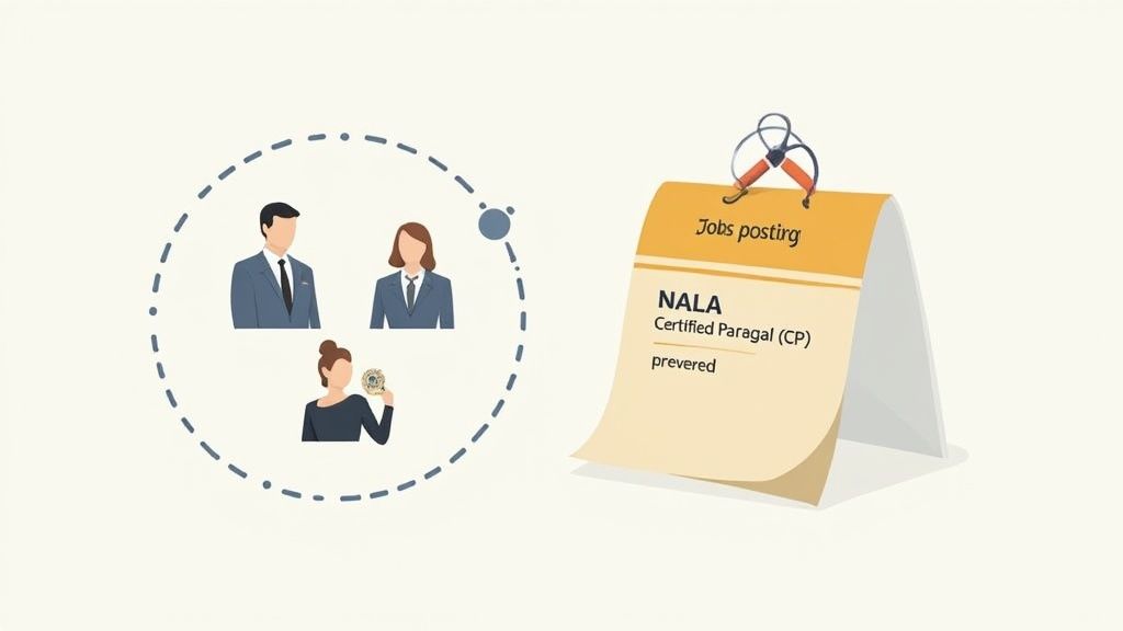 Illustration showing professionals grouped together, with a job posting for NALA Certified Paralegal (CP) roles.