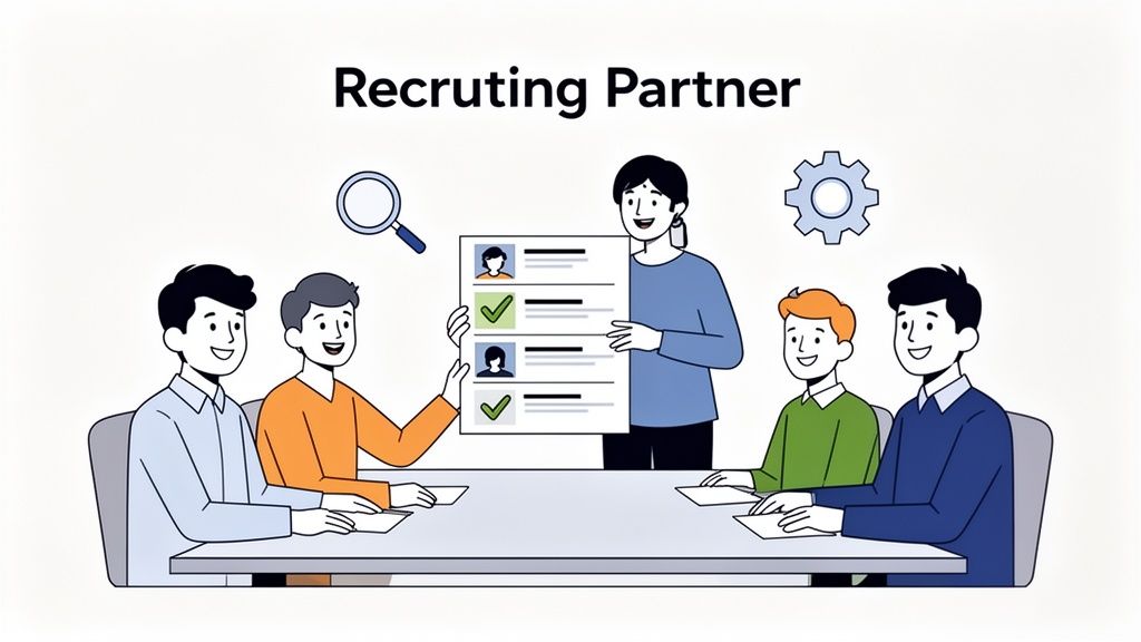 A diverse team, including a recruiting partner, reviews candidate profiles during a hiring meeting.