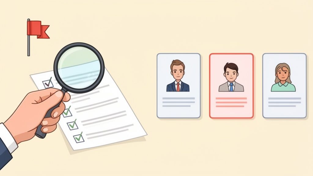 A hand uses a magnifying glass to review a checklist, selecting a candidate profile from three options.