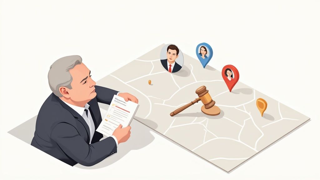 Legal professional reviewing documents with map showing location pins and gavel representing legal services